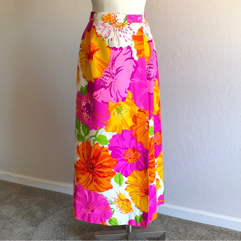 RARE Vintage 60-70’s Women’s Boho Mod Bright Floral Maxi Wrap Skirt Sz S/XS  EUC